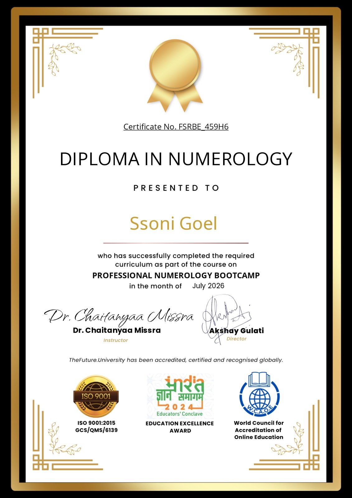 VedicSiddhi recognition certificate